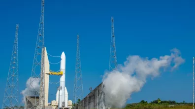  Ariane 6 on its launch pad. Short test of the Vulcain 2.1 engine on Tuesday 05/09/2023 at the Guiana Space Center.