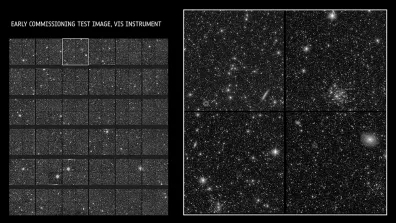 Image de test de l'instrument VIS d'Euclid. A gauche : champ de vision complet. A droite : zoom correspondant à un détecteur divisé en 4 secteurs.