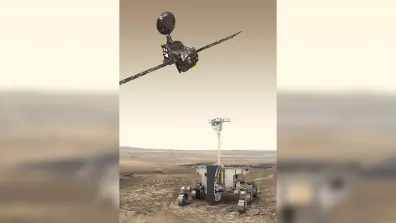 Vue d’artiste de l’orbiteur et du rover ExoMars (les représentations ne sont pas à l’échelle).