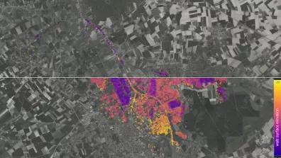 Image recomposée à partir de deux acquisitions du satellite SWOT à un mois d'intervalle au-dessus de la ville de Saint-Omer