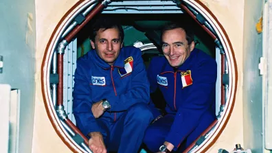 Michel Tognini (à gauche) et Jean-Pierre Haigneré (à droite) à l’entraînement à la Cité des étoiles, en Russie, en 1992. 