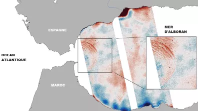 Schéma représentant les ondes internes observées au niveau du détroit de Gibraltar par le satellite SWOT