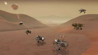 Illustration de l’atterrissage du drone Dragonfly sur Titan