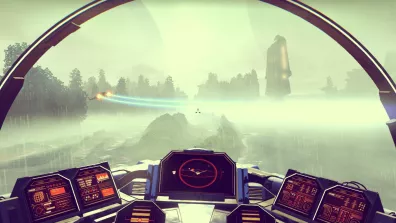 Vue depuis un cockpit dans le jeu No Man's Sky