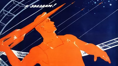 Affiche soviétique illustrant la conquête spatiale