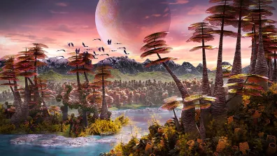 Paysage imaginaire à la surface d'une exoplanète habitable