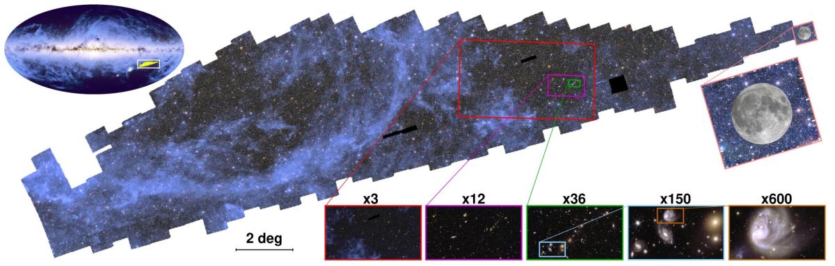 Aperçu de la mosaïque et des images zoomées publiées par la mission Euclid de l'ESA le 15 octobre 2024.  En haut à gauche, une carte de l'ensemble du ciel (41 000 degrés carrés) est visible avec l'emplacement de la mosaïque d'Euclid dans le ciel austral surligné en jaune. La mosaïque contient 260 observations réalisées entre le 25 mars et le 8 avril 2024.