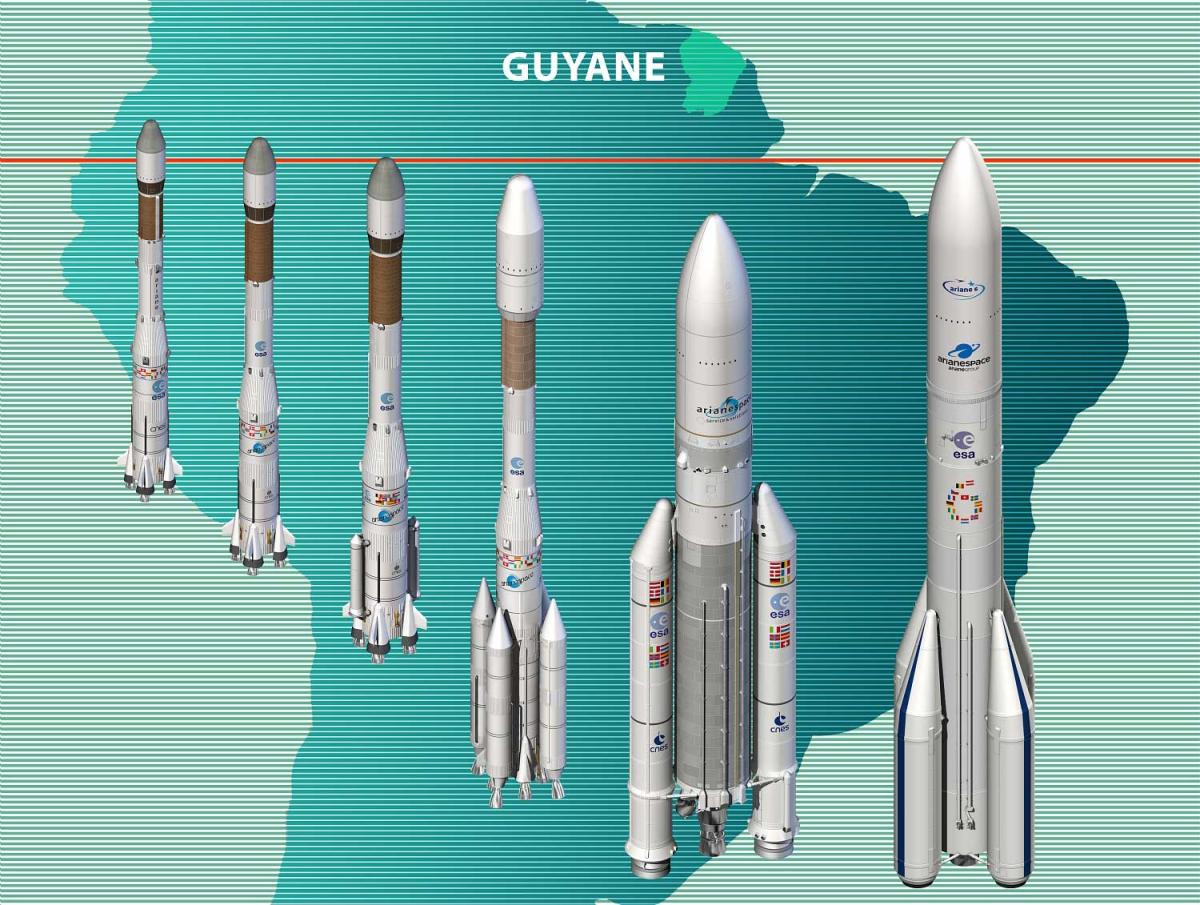 Illustration de la famille Ariane 1 à 6 (de gauche à droite)